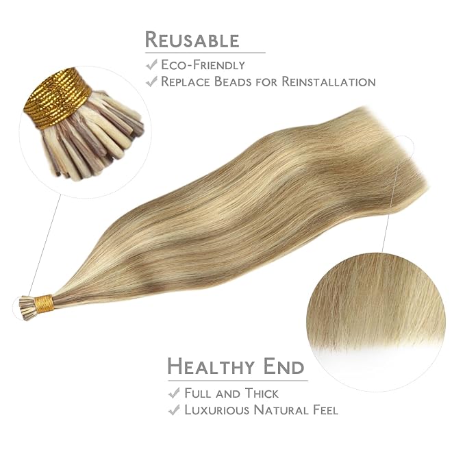 WENNALIFE I Tip Hair Extensions Human Hair, 50g 50s 24 Inch Ash Brown with Platinum Blonde Highlights Remy Itip Human Hair Extensions Invisible Itips Straight I Tips Fusion Extensions Real Human Hair