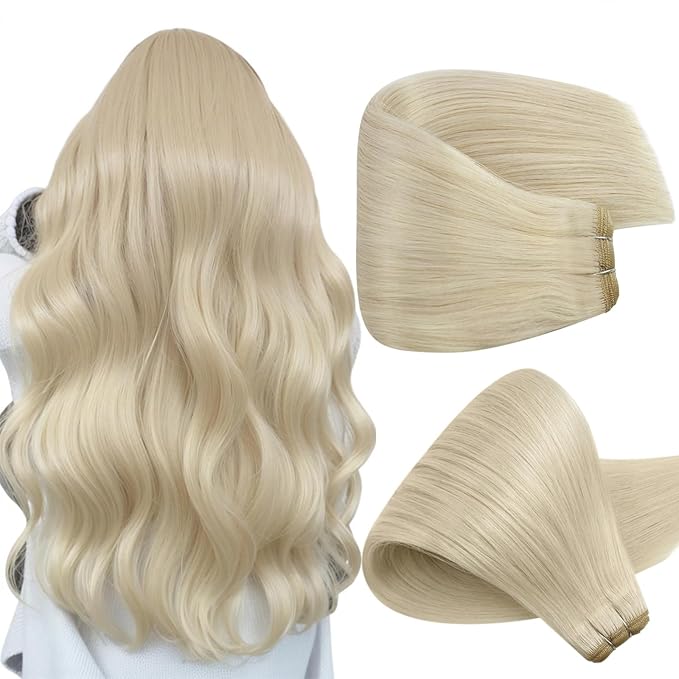 Full Shine Sew In Hair Extensions Real Human Hair 24 Inch Blonde Hair Extensions 130G Sew In Remy Straight Hair Color #60 Platinum Blonde Extensions For Thin Hair Straight Hair
