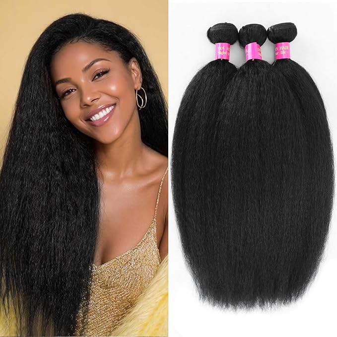 Kinky Straight Human Hair Bundles 14 16 18 Inch Kinky Straight Bundles 100% Unprocessed Brazilian Virgin Remy Hair 3 Bundles Weave Yaki Straight Bundles For Black Women Natural Black Color