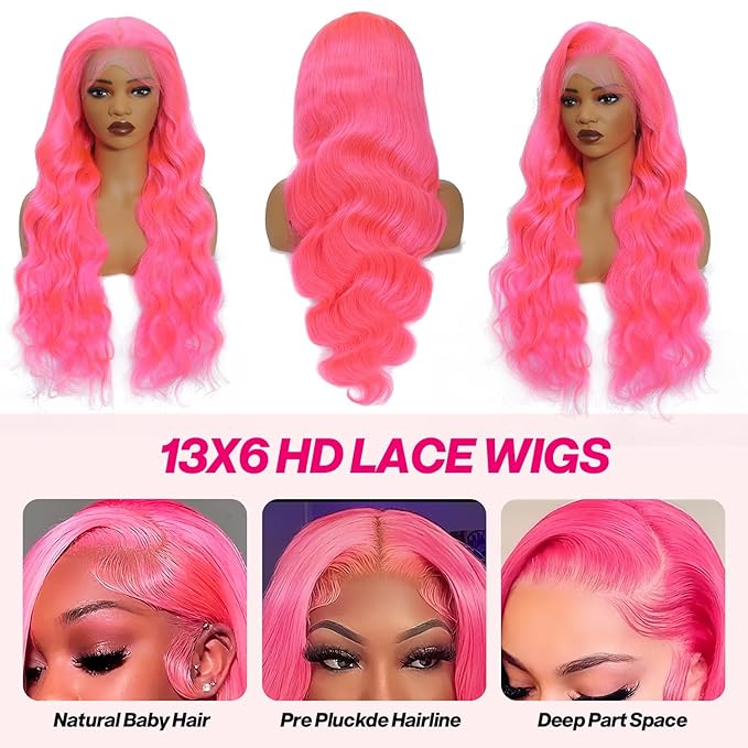 Pink 13x6 Lace Front Wigs Human Hair Body Wave Pink Human Hair Wigs for Women 200% Density Glueless HD Transparent Lace Frontal Wigs Pre Plucked 28 Inch