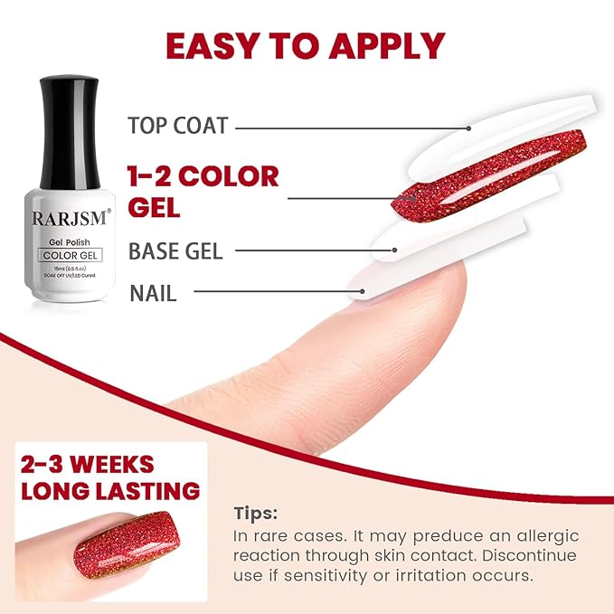 RARJSM Red Chameleon Gel Nail Polish Multichrome Big Flakes Color Changing Glitter Chrome GelPolish Curing Requires Sparkle Shimmer Nail Gel Varnish Soak Off DIY at Home Salon 15ml