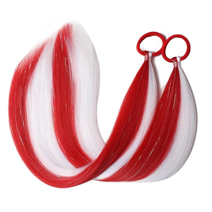 White and Red Hair Extensions for Braids Ponytail Extension 2 Packs, 20 inch Crazy Hair Day Accessories for Women, DIY Festival Wacky Rave Braids for Women,Tinsel Mixed