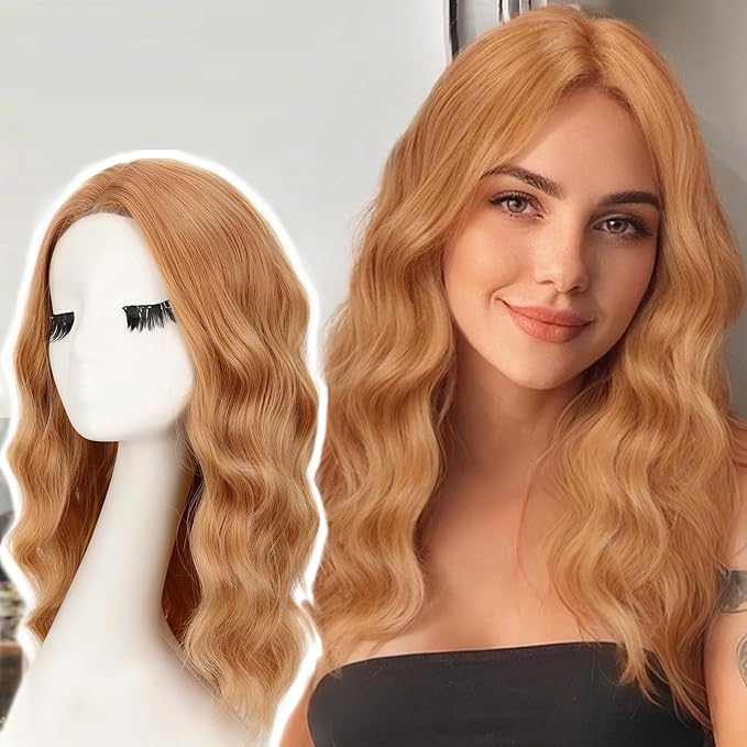 AISI HAIR Strawberry Blonde Wig for Women Medium Length Wave Curly Glueless Synthetic Heat Resistant Hair Wigs for Daily Party Cosplay
