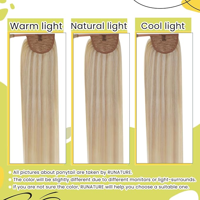 RUNATURE Ponytail Extension Human Hair, Blonde Human Hair Ponytail, Real Hair Ponytail Extension with Magic Paste, Natural Looking for Daily Wearing, 16 Inch 80g #18P613 Ash Blonde Highlight