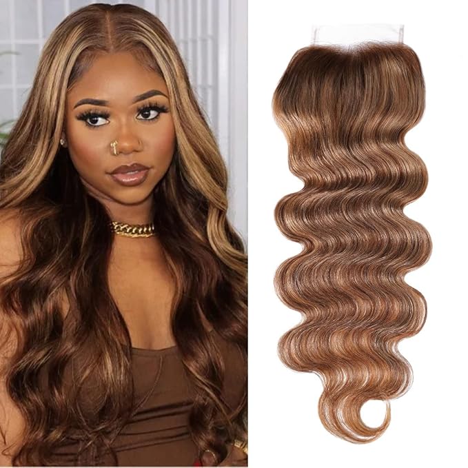 UNICE Honey Blonde Highlight Body Wave 4x4 Lace Closure Free Part 18 inch 100% Remy Human Hair Closure for Women TL412 Color