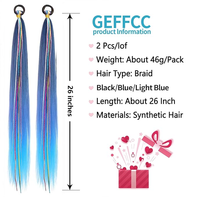 2 Pack Braid Ponytail Extensions, 26 Inch Braided Ponytail Wig with Elastic Tie for Girls (Black/Blue/Light Blue#, 26 Inch (Pack of 2))