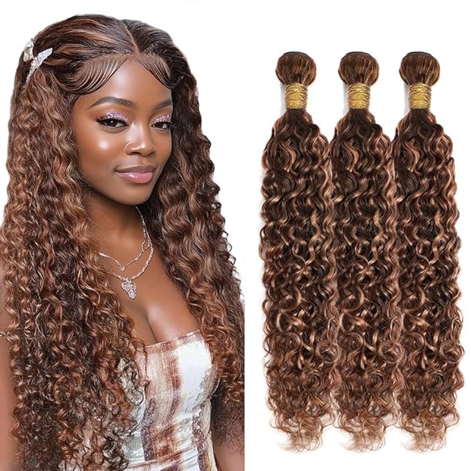 Freiuoke Highlight Human Hair Bundles 22 24 26 Inch Light Brown Water Wave Bundle Color 30 Human Hair Unprocessed Virgin Hair 3 Bundles