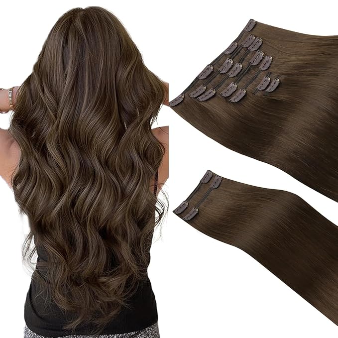 HOTBANANA Clip in Hair Extensions Real Human Hair, 150g 9pcs 24 inch Chocolate Brown Straight Remy Clip in Extensions Full Head for Women