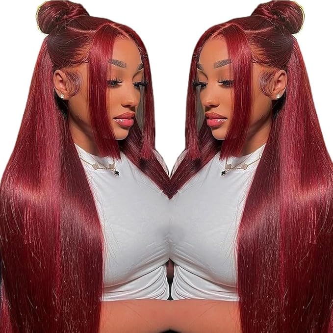 CHEETAHBEAUTY 9x6 Glueless Wigs Human Hair Pre Plucked Pre Cut 16 Inch Straight 99j Burgundy Lace Front Wigs Human Hair for Women 9x6 HD Lace Glueless Wig with Elastic Drawstring 220% Density