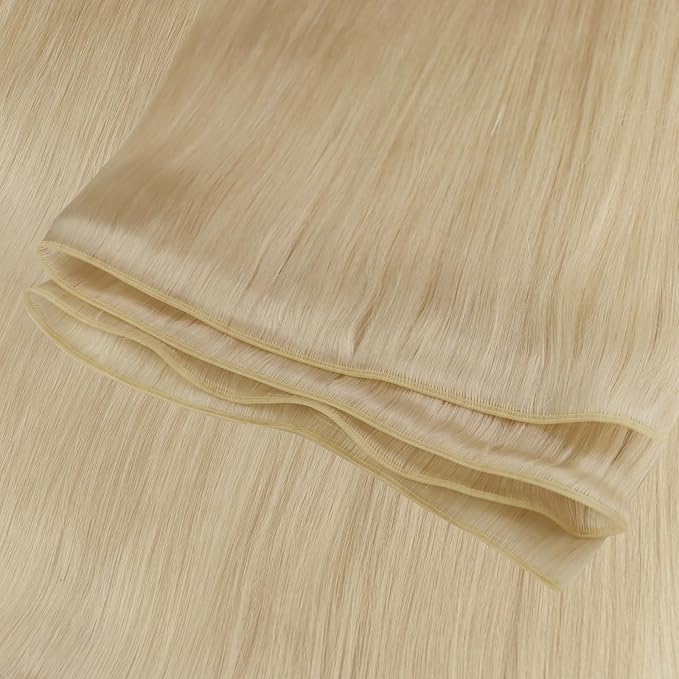 Fshine Weft Real Human Hair Extensions for Women Platinum Blonde Sew in Blonde Hair Weft Remy Human Weave One Piece 14 Inch 50g