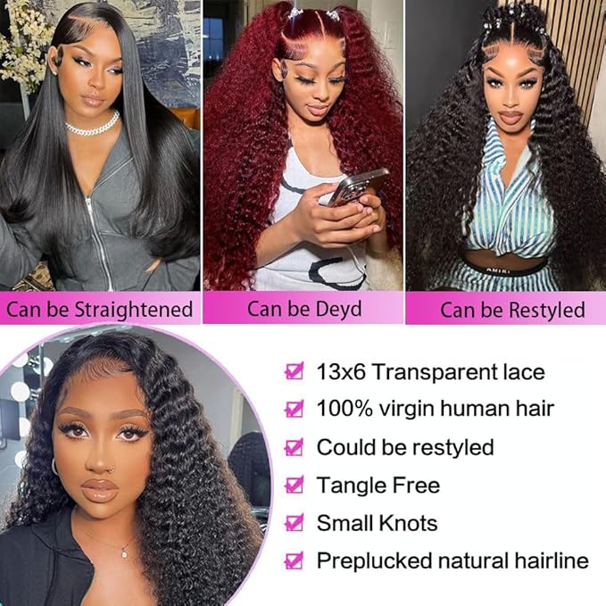 30 Inch Deep Wave Lace Front Wigs Human Hair 200 Density 13x6 HD Lace Frontal Wigs Human Hair Pre Plucked Deep Curly Glueless Wigs Human Hair for Women Natural Black
