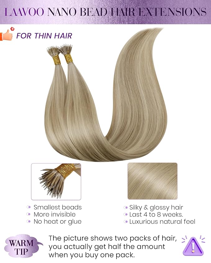LaaVoo Nano Bead Hair Extensions Human Hair Highlight Nano Ring Hair Extensions Ash Blonde 22 Inch 50g 50s