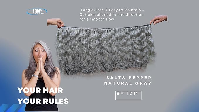 22” Wavy Salt & Pepper/Natural Gray 3 bundles. Its 100% Natural Indian Virgin Raw Hair Extensions .Natural color unprocessed and not treated with any kind of chemicals