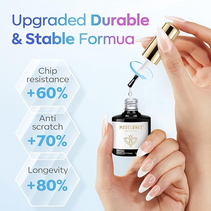 modelones Gel Top Coat, 15ml No Wipe Gel Nail Polish High Gloss Top Coat Shiny Long Lasting Clear Top for Acrylic Nails, Need U V/LED Lamp for Home DIY Gift Winter Christmas Manicure Salon