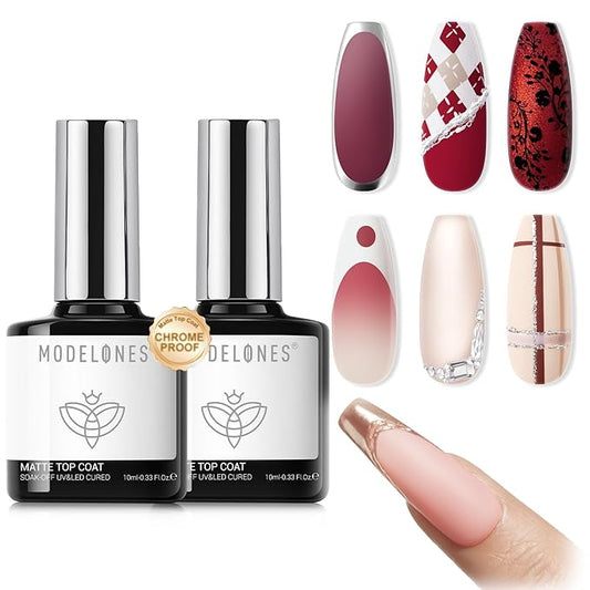modelones 2PCS Matte Gel Top Coat Chrome Proof, Powder-Resistant No Wipe Velvet Finish Clear Gel Polish For Nail Art Painting Chrome Isolation Long Lasting DIY U V Manicure Winter Xmas Gift for Women