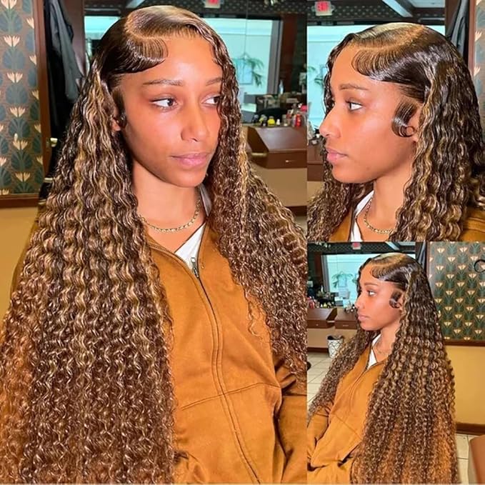 32inch Highlight Ombre Deep Wave Lace Front Wig Human Hair 13x6 Honey Blonde 4/27 Colored Hd Lace Frontal Wigs Wet And Wavy Glueless Wig Pre Plucked For Women