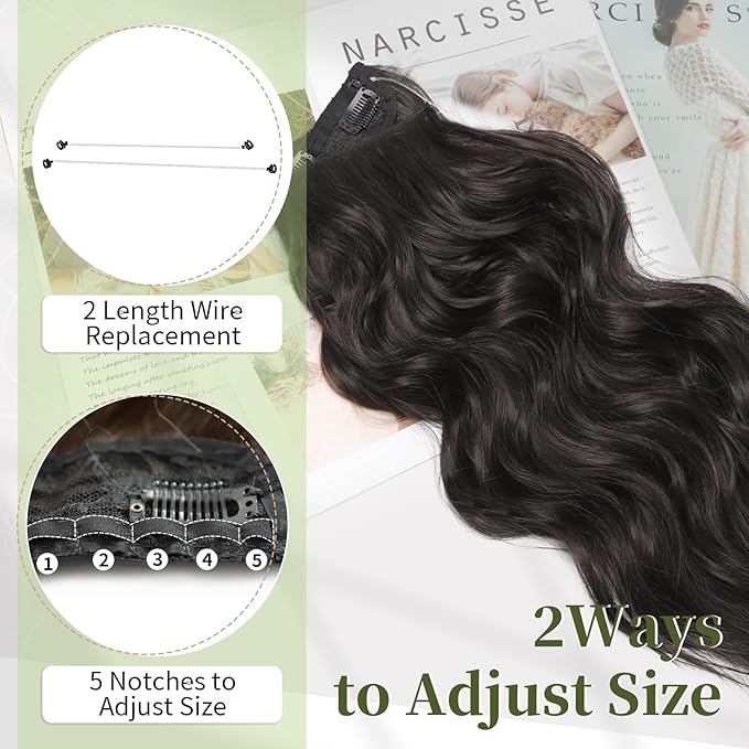 KooKaStyle Invisible Wire Hair Extensions with Transparent Headband Adjustable Size 4 Secure Clips Long Wavy Secret Wire Hairpiece 20 Inch Natural Black for Women