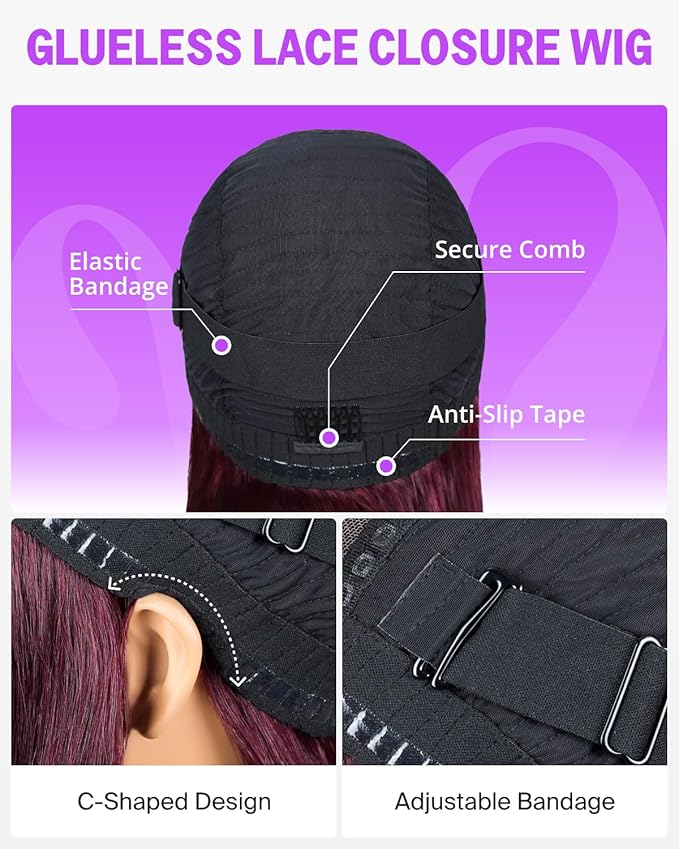 6x5 Ready to Go Glueless Wigs Human Hair Pre Plucked Pre Cut 220% Density Purplish 99J Burgundy Lace Front Wigs Bleached Knots Wig Human hair 20 Inch