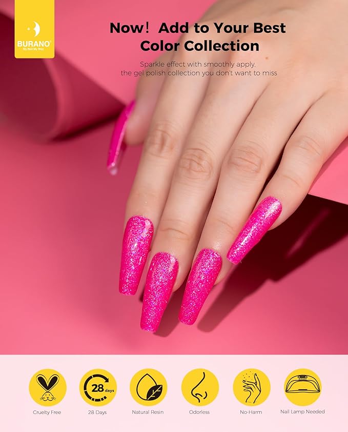 BURANO Glitter Gel Nail Polish - LED UV Curing, Holographic Effect, No Chip Sparkle Gel - Hot Pink (LP14)
