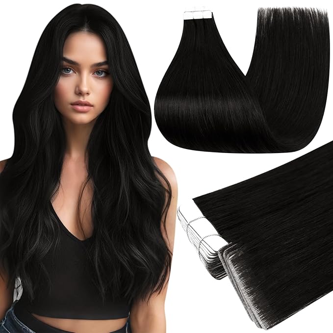 Full Shine Invisible Tape in Hair Extensions Human Hair Color 1B Black 20 Inch Injection Seamless Skin Weft Machine Remy Human Hair Extensions Tape ins 50Grams 20Pcs for Women Add Length Natural Soft