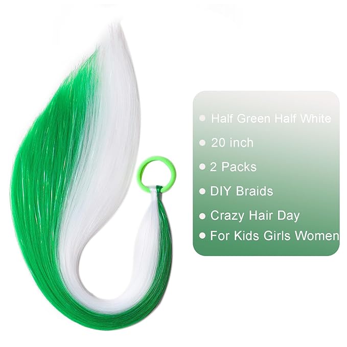 White and Green Hair Extensions for Braids Ponytail Extension 2 Packs, 20 inch Crazy Hair Day Accessories for Women, DIY Festival Wacky Rave Braids for Women,Tinsel Mixed