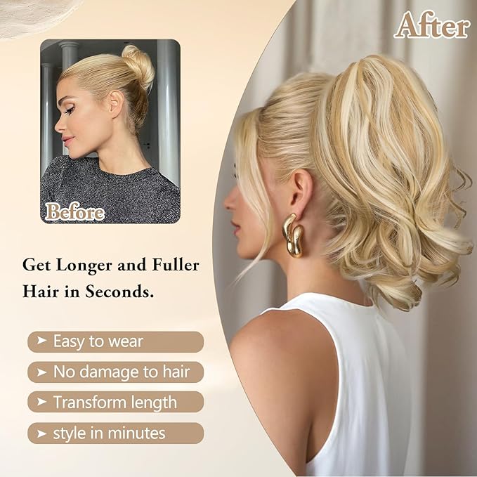 Ponytail Extension, 12 Inch Claw Clip in Ponytail Extension Curly Wavy Pony Tails Hair Extensions Synthetic Clip on Pony Tails Hairpiece for Women-Medium Blonde with Blonde Highlights25