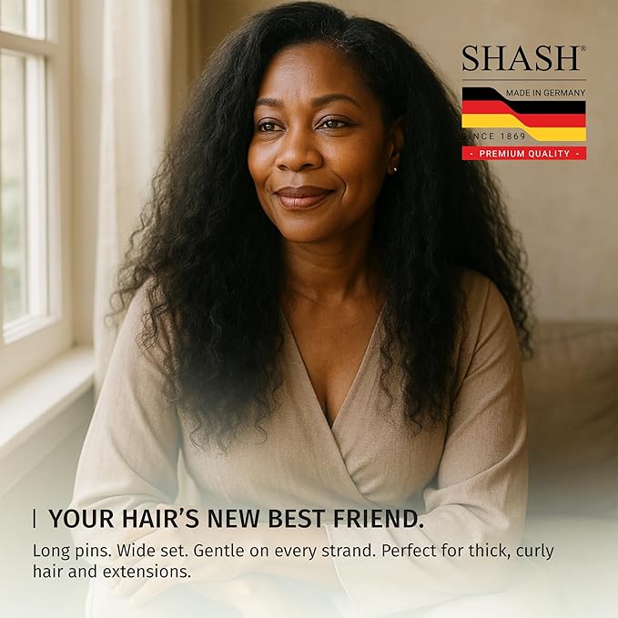 Made in Germany - SHASH Paddle Hair Brush for Hair Extensions, Thick And Curly Hair - Detangler With Long Pins & Rubber Cushion - Helps Detangle Knots, Eliminate Frizz, Reduce Pulling & Snagging
