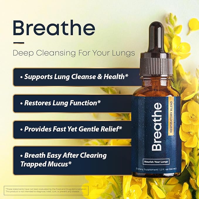 BREATHE 8-IN-1 Mullein Drops for Lungs & Airways 2 fl.oz. - Peppermint, Thyme, & Mullein Leaf Extract - Lung Detox for Smokers - Break up Mucus & Breathe Clear- GMO-Free & Made in USA- 2 months supply