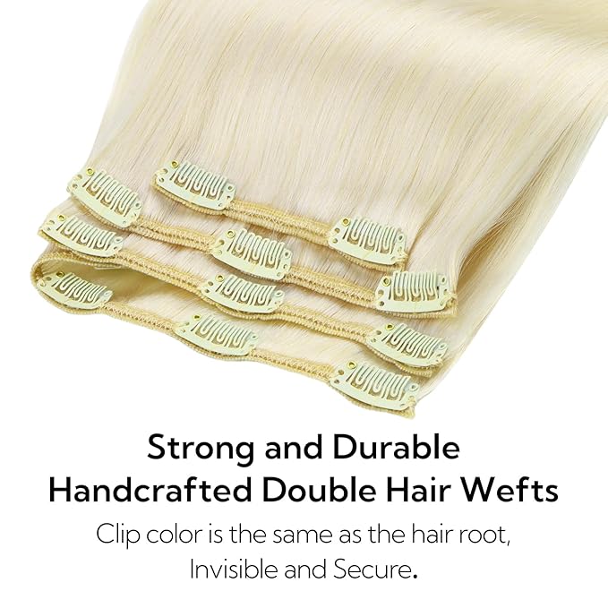 HOTBANANA Clip in Hair Extensions Real Human Hair, 150g 9pcs 20 inch Ivory Blonde Straight Remy Clip in Extensions Full Head for Women