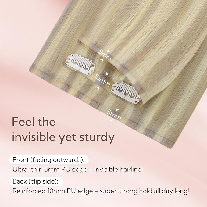HOTBANANA Clip in Hair Extensions 18 inch 130g 7pcs Ash Blonde to Golden Blonde and Platinum Blonde Clip in Remy Human Hair Extensions Straight Hair Invisi Edge Clip Hair Full Head