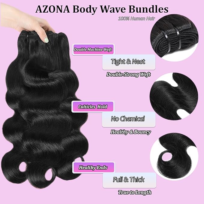 AZONA 16A Real Raw Bundles Body Wave Human Hair,No Tangle No Shedding Body Wave Bundles Human Hair,Triple Lifespan Over Regular Virgin Hair Bundle,Silky And Soft 30 Inch