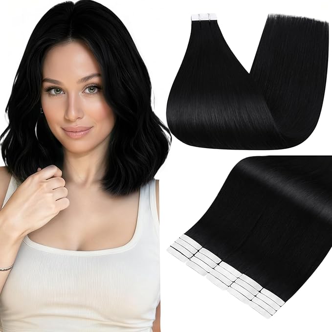 Full Shine Tape in Hair Extensions Human Hair 14 Inch 1 Jet Black Natural Remy Tape Ins Human Hair Extensions 20PCS Invisible Double Sided Extensions for Women Real Hair 50grams Add Volume