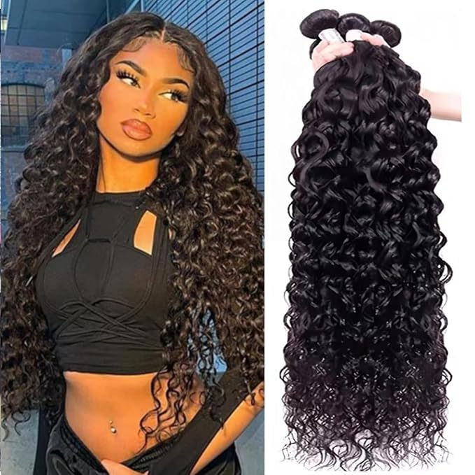 Water wave bundles 100% Unprocessed human hair bundles with Hair Extensions Natur weave human hair natural blcak color for women 100g/bundle(Natural Black, Water 20 22 24 26 Inch)