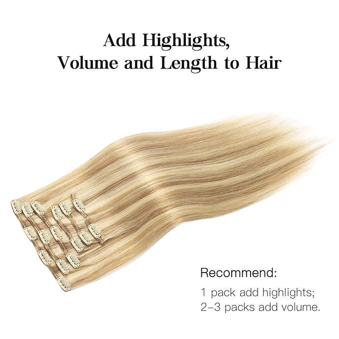 HOTBANANA Human Hair Clip in Hair Extensions, Balayage Light Blonde Highlighted Golden Blonde 120g Clip in Hair Extensions Real Human Hair Straight Remy Hair Extensions 20 Inch 7pcs