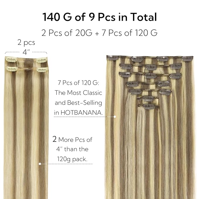 HOTBANANA Clip in Hair Extensions Real Human Hair, 130g 7pcs 16 inch Ash Brown Highlighted Golden Blonde Clip in Human Hair Extensions Straight Remy Hair Extensions Full Head