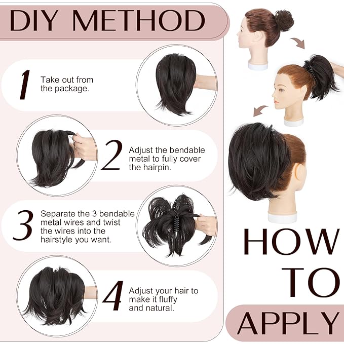 Claw Clip Short Ponytail Hair Extensions Messy Bun Hair Piece Pony Tails Hair Extensions with Bendable Metal Wire Hair Pieces DIY Style 8 Inch 4A Jet Black