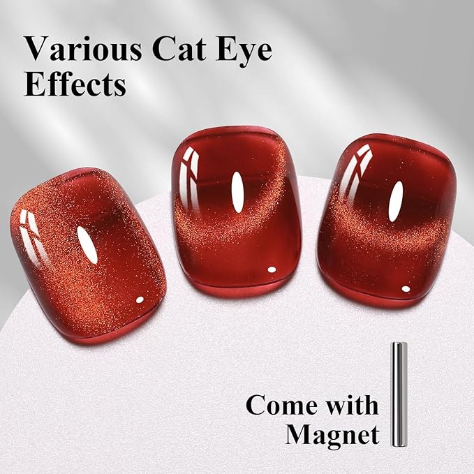 10ml Hema Free Red Brown Cat Eye Gel Nail Polish Soak Off Long Lasting Holographic UV/LED with Magnetic Stick Gift for Women 1Pcs