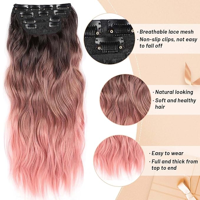 24 Inch Clip in Long Wavy Curly Hair Extensions, 4 PCS Pink Hair Extensions Clip ins, Thick Hairpieces Clip in Hair Extension for Women Synthetic Hair Double Weft Hairpieces (PINK, 24INCH)