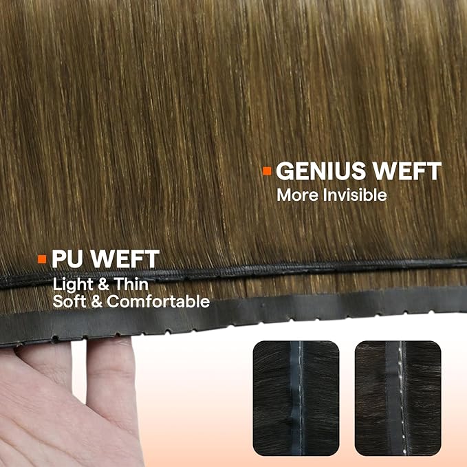 Full Shine Butterfly Weft Hair Extensions Human Hair Color Ombre Brown To Medium Blonde Double Pu Hole Weft Hand Tied Weft Extensions For Women 16 Inch Weave Bundles Add Volume 80 Grams