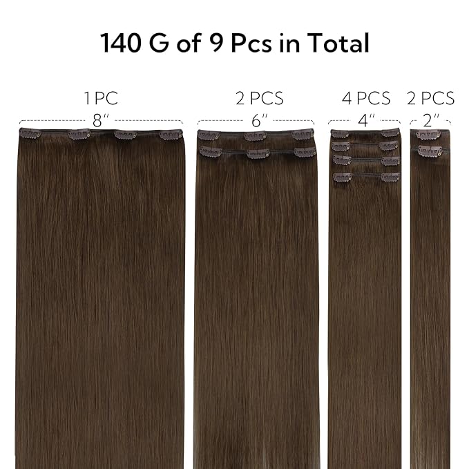 HOTBANANA Clip in Hair Extensions Real Human Hair, 150g 9pcs 22 inch Chocolate Brown Straight Remy Clip in Extensions Full Head for Women