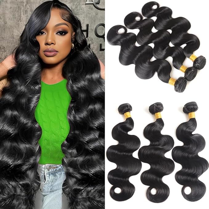 Human Hair Bundles 24 26 28 Inch Body Wave Bundles Human Hair 100% Unprocessed Brazilian Virgin Hair Quick Weave Real Human Hair Extensions Natural Black
