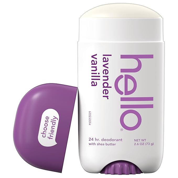 hello Lavender Vanilla Aluminum Free Deodorant for Women and Men with Shea Butter, 24-Hour Freshness, Baking Soda Free Deodorant, Dermatologically Tested, 2.6 oz Stick