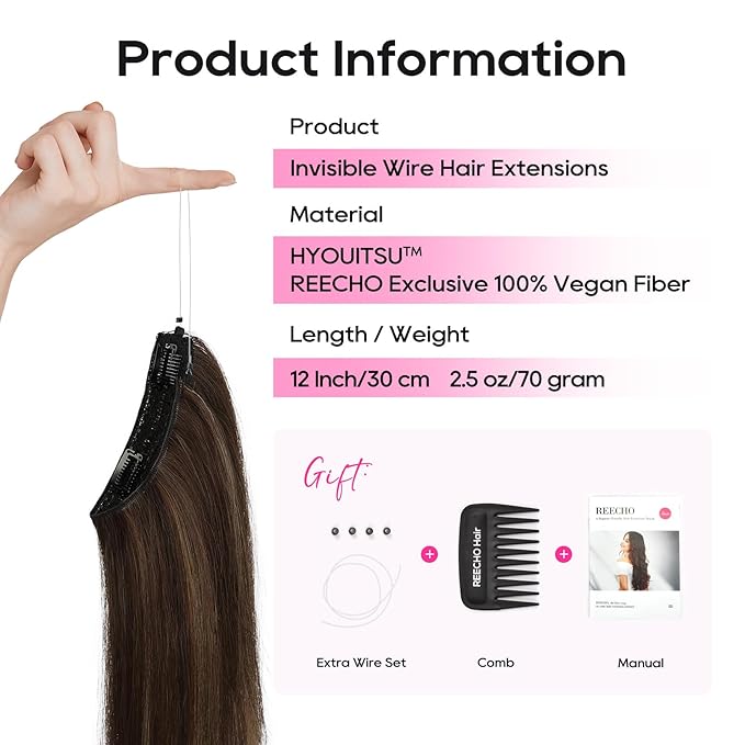 REECHO 12" Invisible Wire Hair Extensions with Thinner Softer Lace Weft Adjustable Size Removable Secure Clips in Short Straight Secret Hairpiece for Women - Dark Brown with Highlights