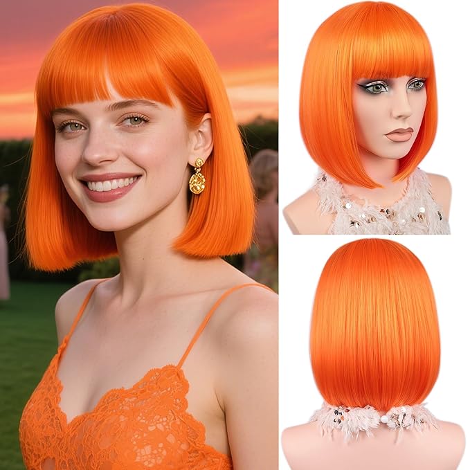 MAYSA Orange Bob Wig with Bangs for Women Short Straight Bob Wigs 12in Synthetic Cosplay Halloween Party Neon Wigs # Orange