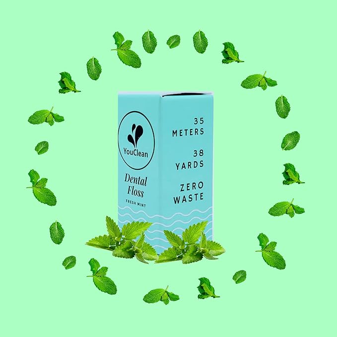 Natural Peppermint Essential Oil Infused Vegan Plant-Based Waxed Dental Floss 38 Yards/ 35 Meters in Refillable Glass Jar