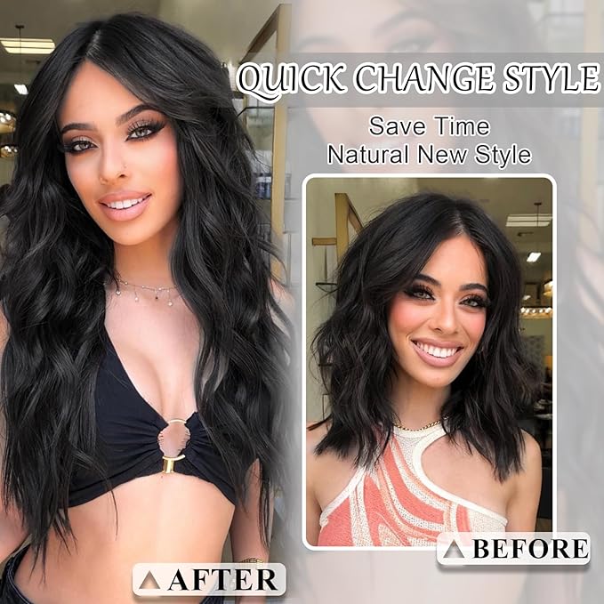 Clip in Hair Extensions Black Hair Extensions Clip ins 20 Inch Long Wavy Thick Hairpieces for Women Natural Synthetic Fiber Double Weft 4 Pcs