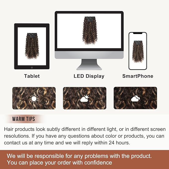 Clip in Hair Extensions, FLUFYMOOZ 4PC 100％ Pure Protein Silk Hair Extensions Long Soft Natural Hairpiece 20 Inch Curly Hair Extension for Women (Brown with Deep Blonde Highlights)
