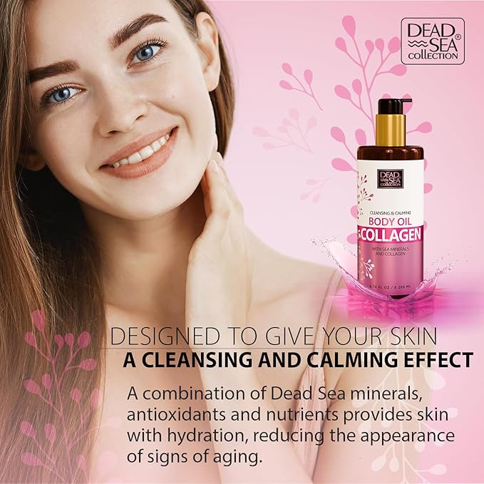 Dead Sea Collection Collagen Body Oil for Dry Skin – Moisturizing & Hydrating Skin Oil with Vitamin E and Blend of Almond, Grape, Olive, Wheat Germ Oil – Soothing & Nourishing Skin Care – 6.76 oz