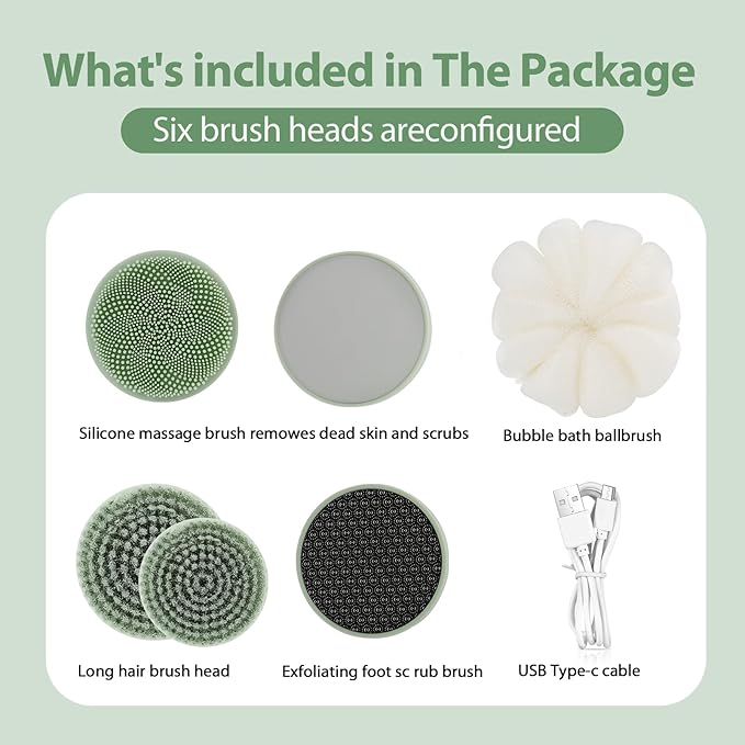 Electric Body Brush Back Scrubber for Shower, Waterproof Long Handle Power Body Scrubber with 6 Heads, Rechargeable Bath Brush & 3 Speeds, for Cleansing, Exfoliating and Massaging Skin (Green)