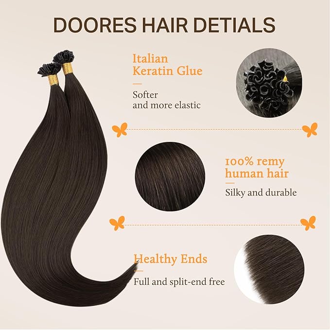 DOORES Utip Hair Extensions Human Hair, Light Dark Brown 14 Inch 50g/50s, K Tip Hair Extensions Real Human Hair